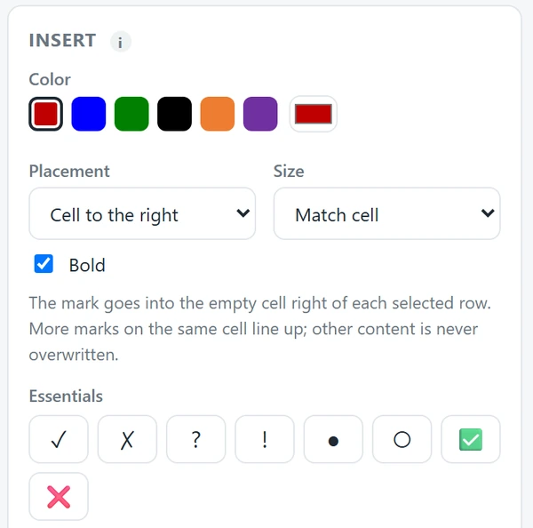 Placement, size and mark choices in Audit Tickmarks