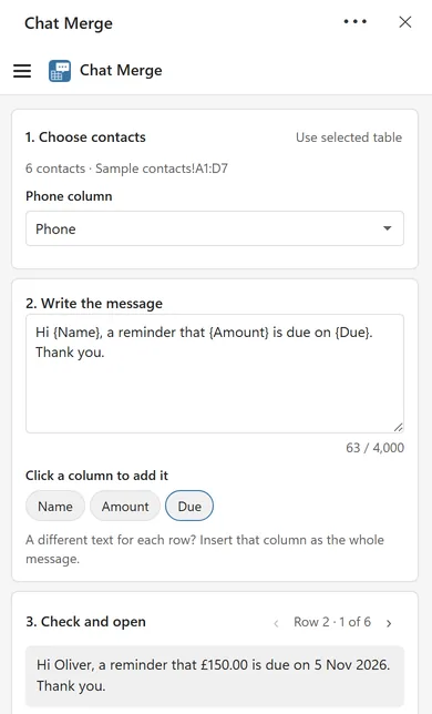 The Chat Merge pane with the cards 1. Choose contacts, with the Phone column set to Phone, 2. Write the message, with the text Hi {Name}, a reminder that {Amount} is due on {Due}. Thank you. and the buttons Name, Amount and Due under Click a column to add it, and 3. Check and open, with the preview for Oliver