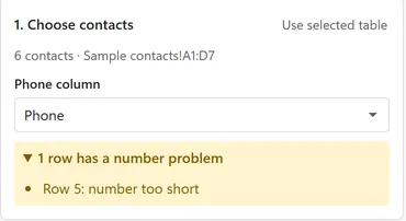The 1. Choose contacts card with a yellow box saying 1 row has a number problem and the line Row 5: number too short