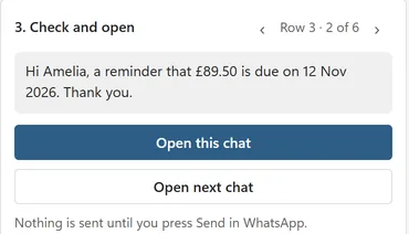 The 3. Check and open card, previewing Row 3 · 2 of 6, above the buttons Open this chat and Open next chat, with the note Nothing is sent until you press Send in WhatsApp