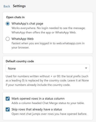 The Settings view with Open chats in set to WhatsApp's chat page, the option WhatsApp Web, the default country code list and the status column checkboxes