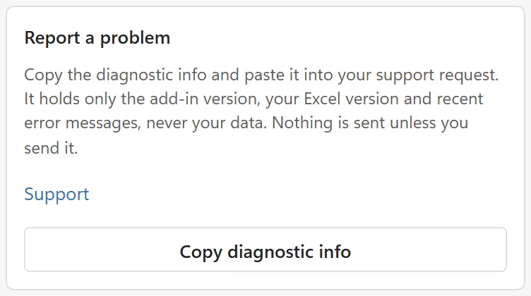 The Report a problem card on the About page with the Support link and the Copy diagnostic info button