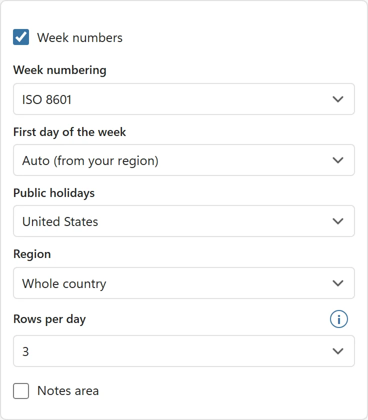The options Week numbers, Week numbering ISO 8601, First day of the week Auto, Public holidays set to United States, Region set to Whole country, Rows per day and Notes area