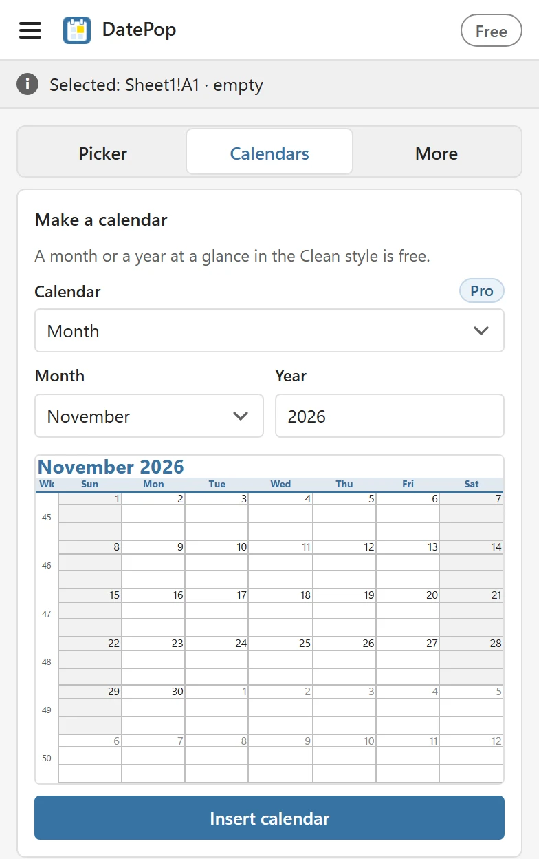 The Calendars tab with Calendar set to Month, November 2026 chosen, a preview of the month with week numbers and the Insert calendar button