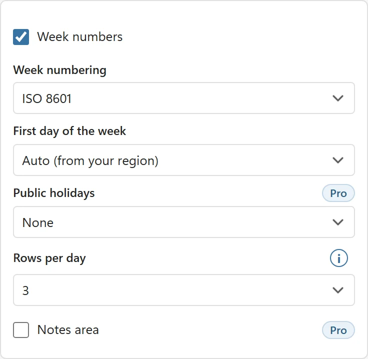 The calendar options on the free version: Week numbers ticked, Week numbering ISO 8601, First day of the week Auto, Public holidays with a Pro badge, Rows per day set to 3 and Notes area with a Pro badge
