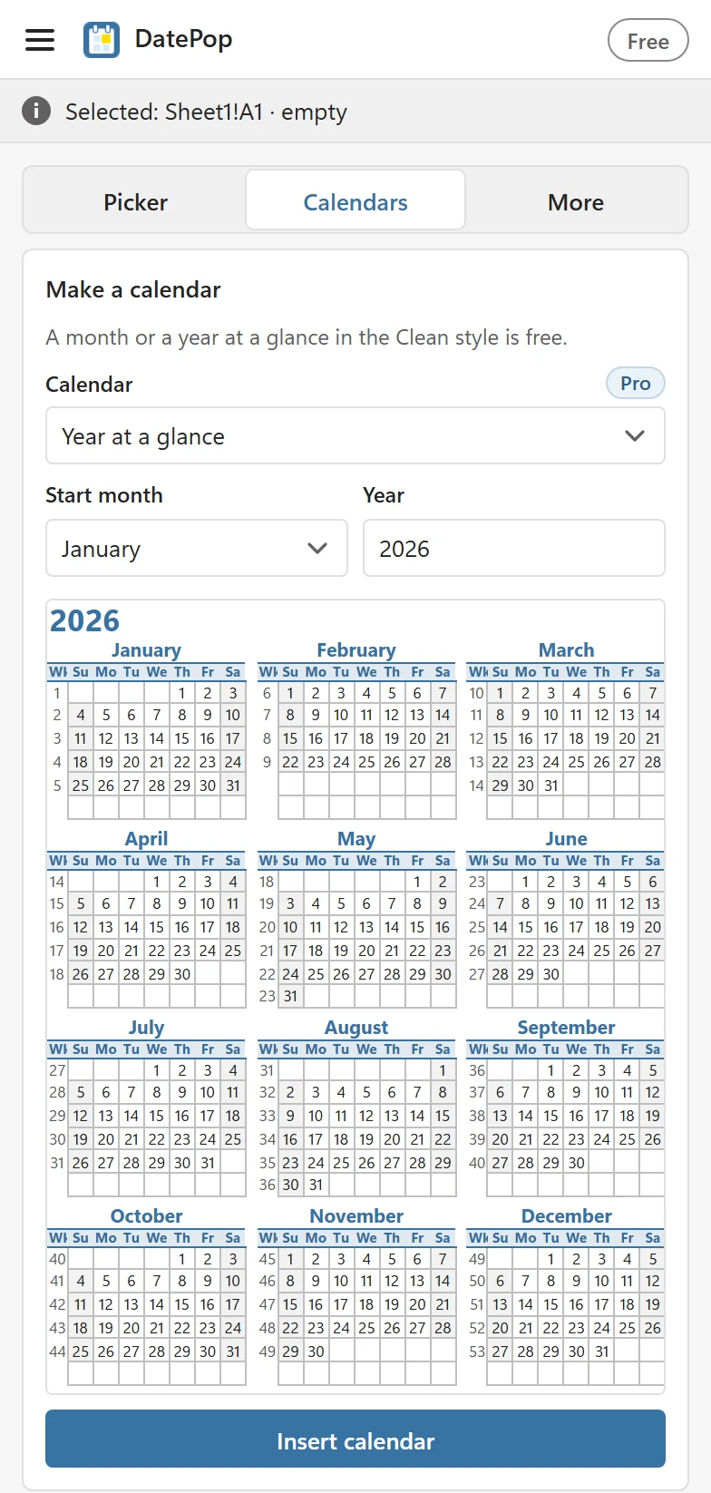 The Calendars tab with Year at a glance, start month January, year 2026 and a preview of twelve small months with week numbers