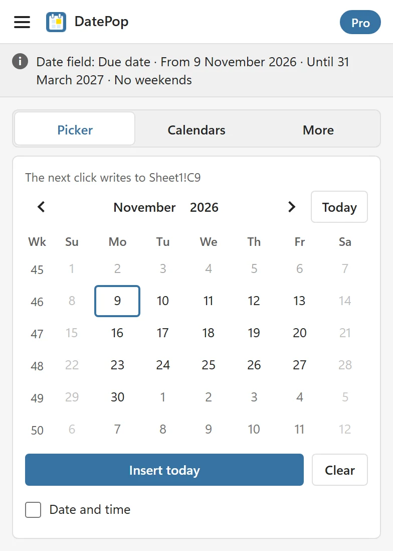 The Picker tab with a cell of the date field Due date selected: the status line lists the rules and the weekends and the days before 9 November 2026 are greyed out