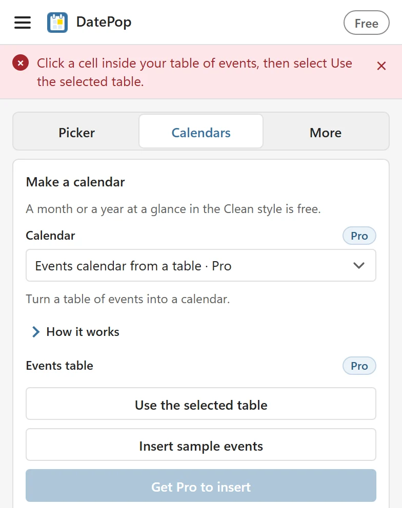 The Calendars tab on the free version with Events calendar from a table chosen and no table selected: the message Click a cell inside your table of events, then select Use the selected table, and the buttons Use the selected table, Insert sample events and Get Pro to insert