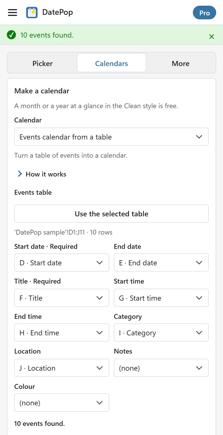 The Calendars tab with Events calendar from a table chosen, the table range D1:J11 with 10 rows, one list per column such as Start date D and Title F, and the message 10 events found