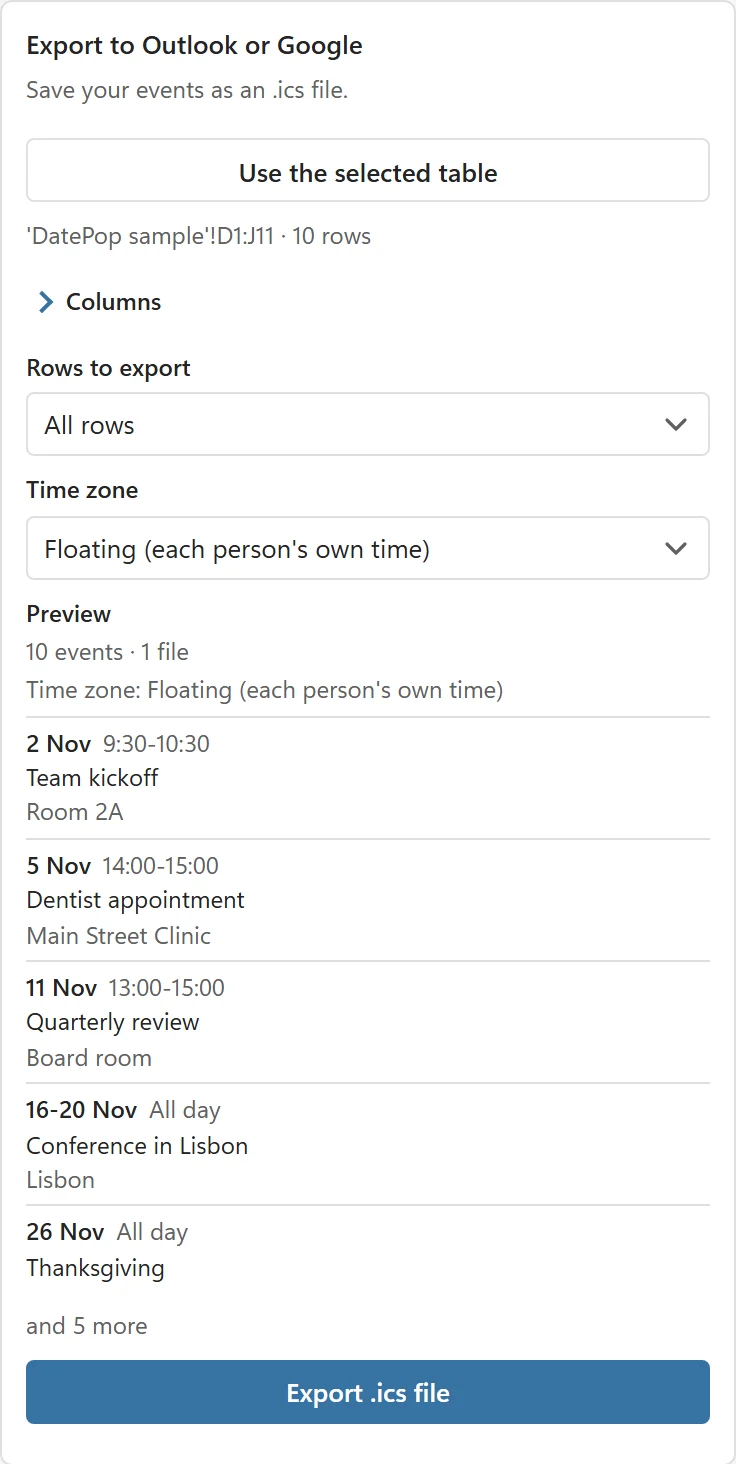 The Export to Outlook or Google card with the table range D1:J11 and 10 rows, a collapsed Columns section, Rows to export set to All rows, Time zone set to Floating, a Preview with 10 events in 1 file, the first five events and 5 more, and the Export .ics file button