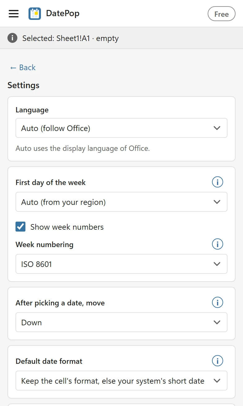 The Settings view with Language set to Auto (follow Office), First day of the week, Show week numbers, Week numbering ISO 8601, After picking a date move Down, and Default date format