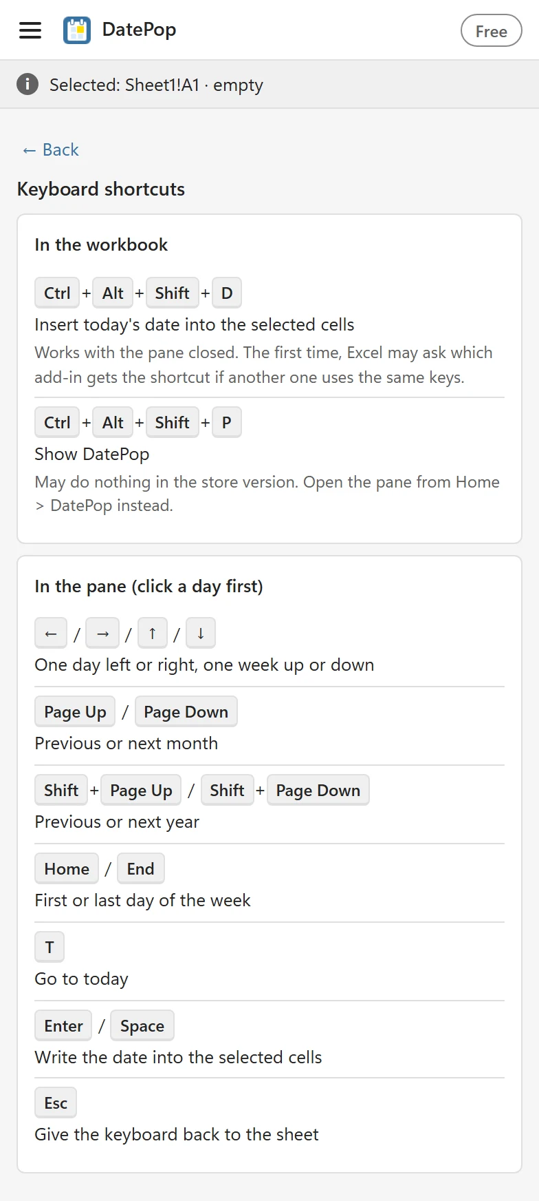 The Keyboard shortcuts view: In the workbook, Ctrl+Alt+Shift+D inserts today's date and Ctrl+Alt+Shift+P shows DatePop, then In the pane the arrow keys, Page Up and Page Down, Shift with Page Up and Page Down, Home and End, T, Enter and Space, and Esc