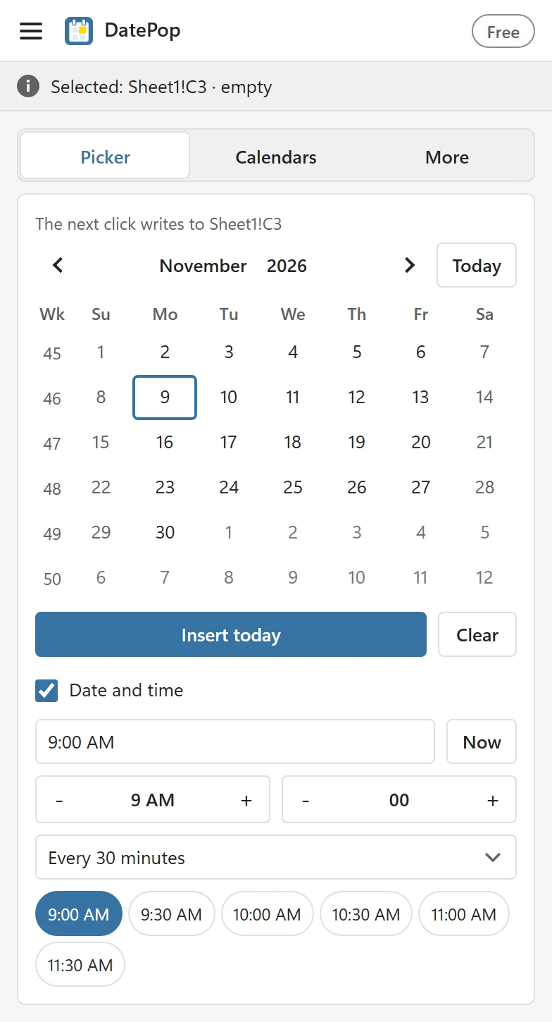 The Picker tab with Date and time ticked: a time box with the Now button, hour and minute steppers, the list Every 30 minutes and six quick time buttons