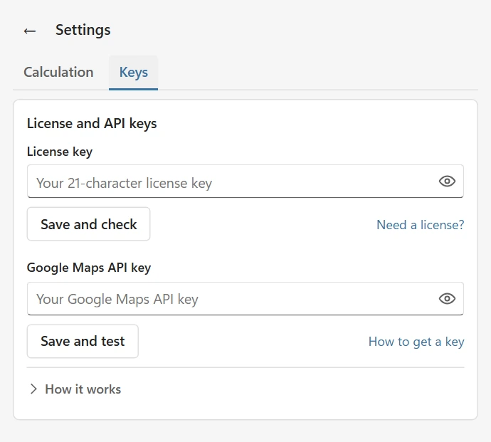 Settings Keys tab with separate license and Google Maps API key fields