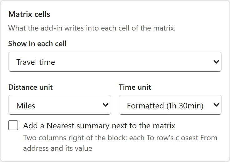 Matrix cells settings with Show in each cell set to Travel time and Time unit set to Formatted (1h 30min)