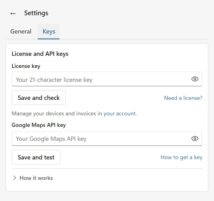 Settings Keys tab with separate license and Google Maps API key fields