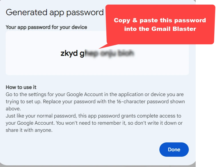 Google showing the generated 16-character app password