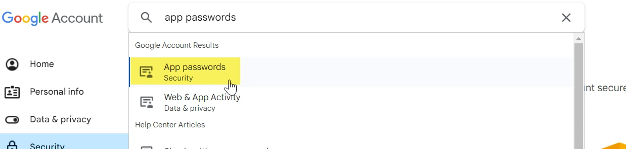 Google Account search bar with App Passwords typed in