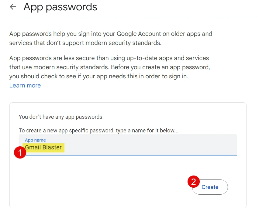 App passwords screen with a name entered for the new app