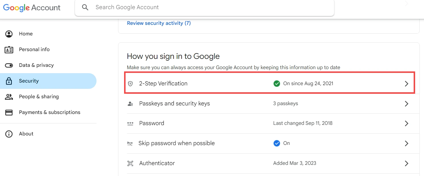 Google Account security page showing the 2-Step Verification option