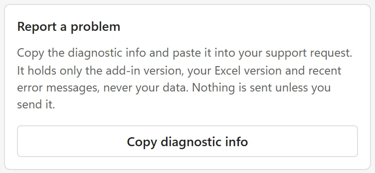 The Report a problem card on the About page with the Copy diagnostic info button