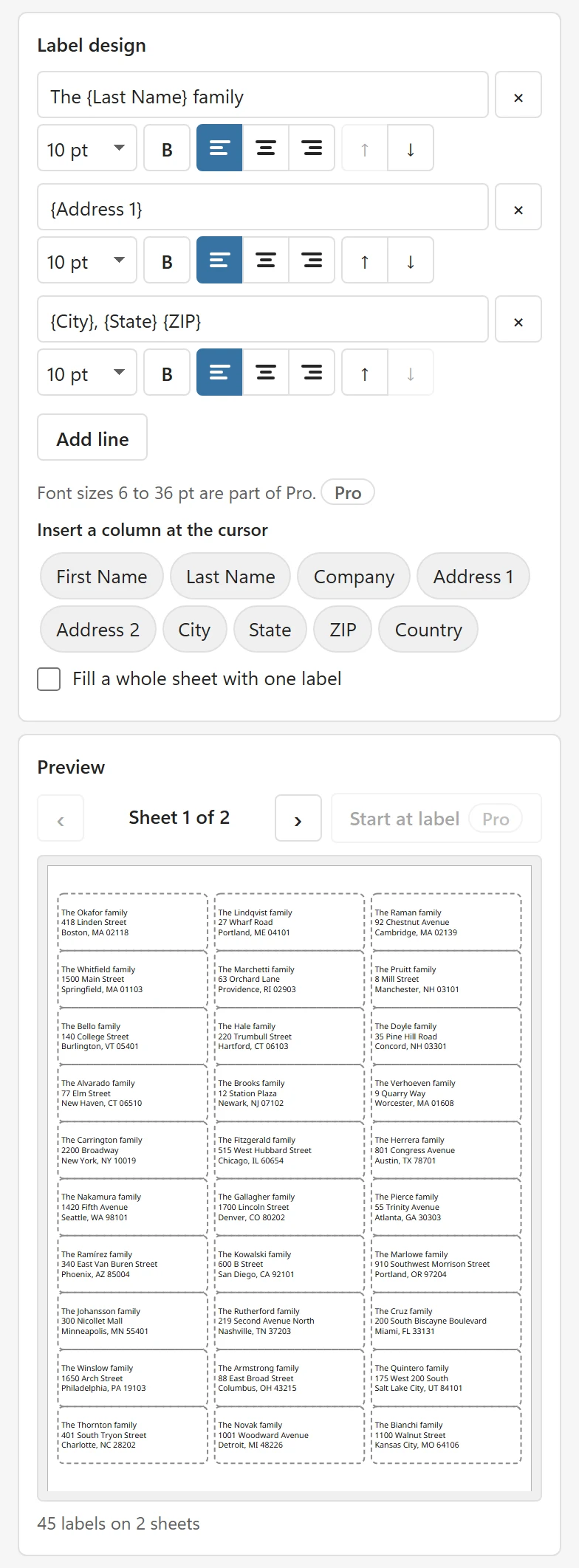 The Label design card with a first line The {Last Name} family, a second line with the street, and a third with the city, state and ZIP, above the preview of 30 address labels