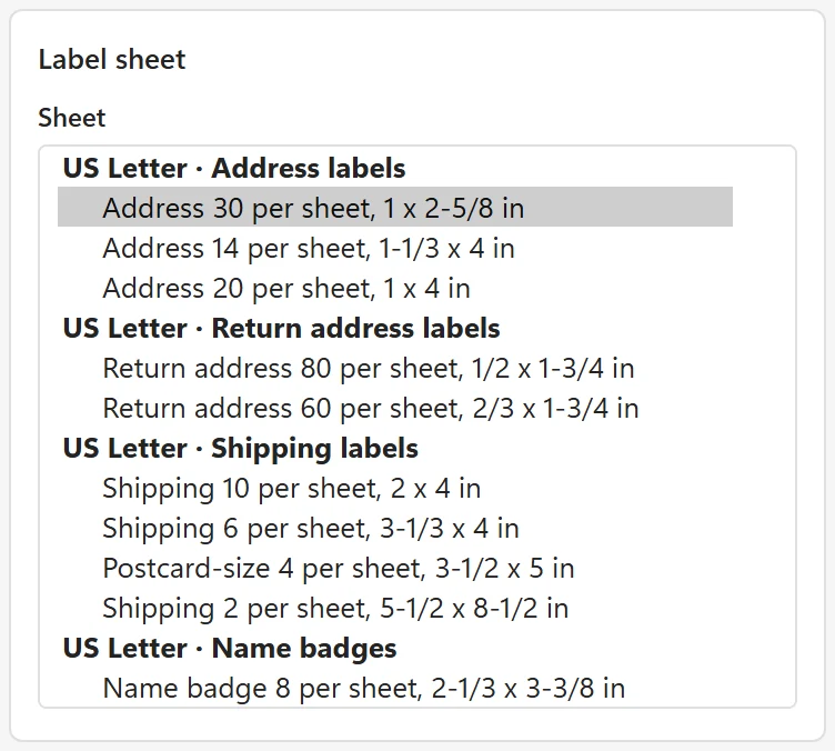 The Sheet list open in the Label sheet card, with sheets grouped by paper and type such as US Letter Address labels and A4 Address labels