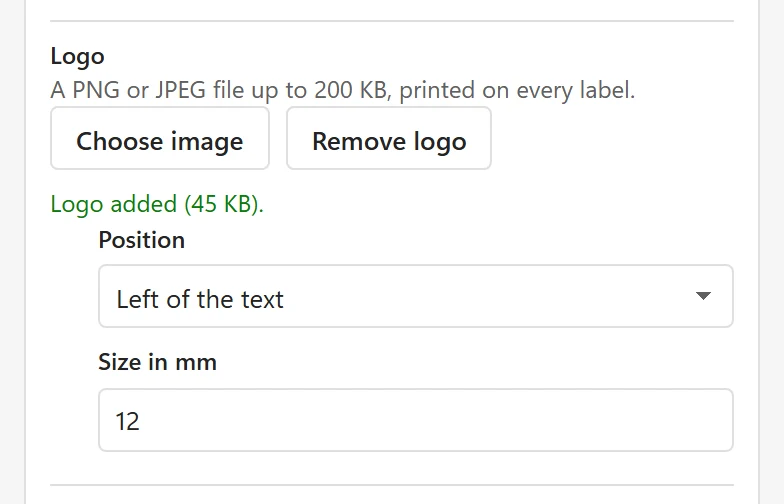 The Logo section of the Pro options card with Choose image, Remove logo, Position set to Left of the text, Size in mm and the message Logo added (45 KB)