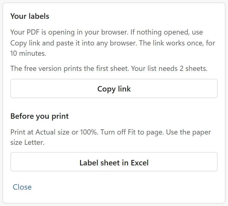 The Your labels card outside Excel on the web: Your PDF is opening in your browser, the Copy link button, the Before you print tips and the Label sheet in Excel button