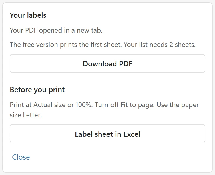 The Your labels card with the Before you print tips: Print at Actual size or 100%, Turn off Fit to page, Use the paper size Letter, above the Label sheet in Excel button
