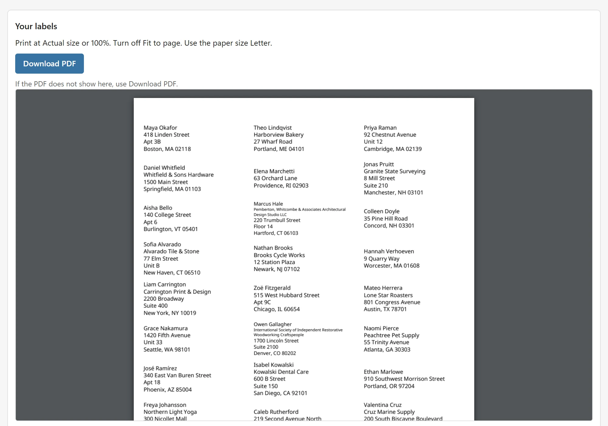 The LabelPop print page in a browser window: the heading Your labels, the PDF with the first sheet of address labels and the Download PDF button