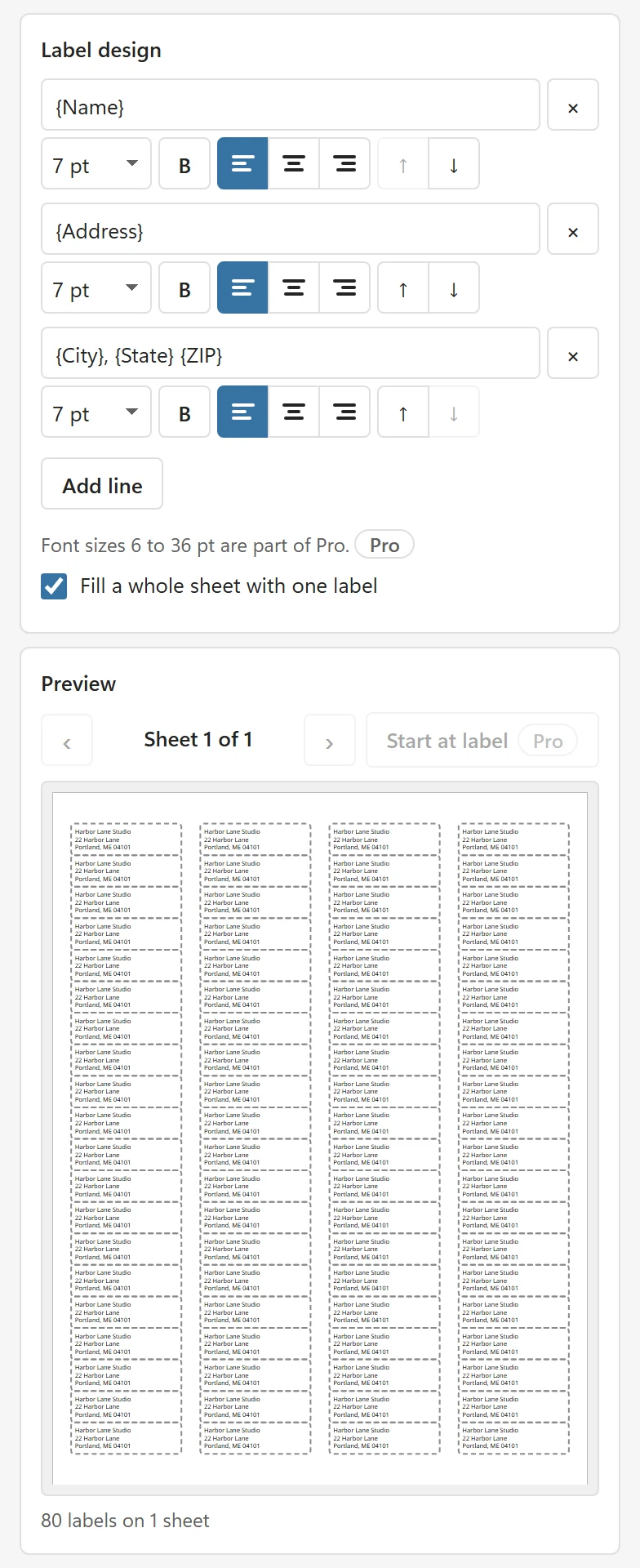 The Label design card with the box Fill a whole sheet with one label ticked and the preview showing the same return address on all 80 labels of the sheet