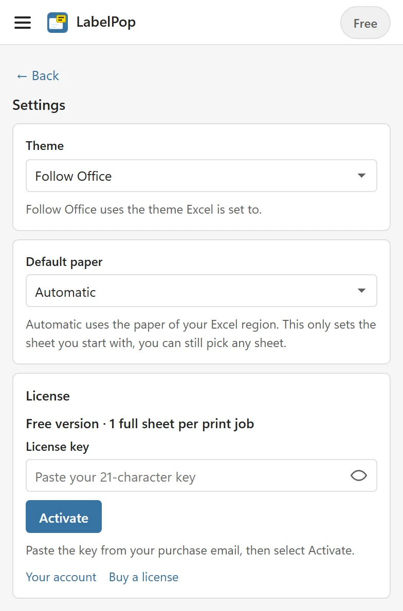 The Settings view with Theme and Default paper set to Automatic, and the License card below