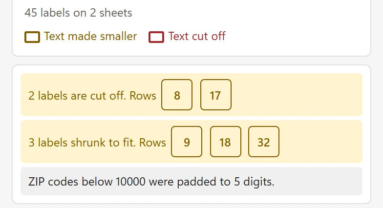 The notes under the preview listing Rows 8 and 17, 2 labels are cut off, and the key Text made smaller and Text cut off