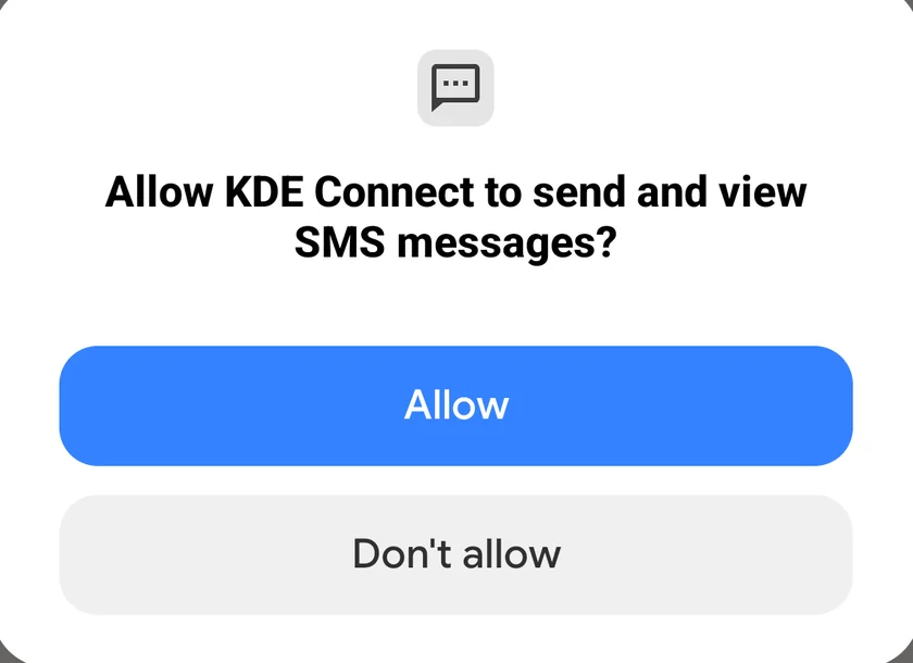 Android prompt asking to allow KDE Connect to send and view SMS messages