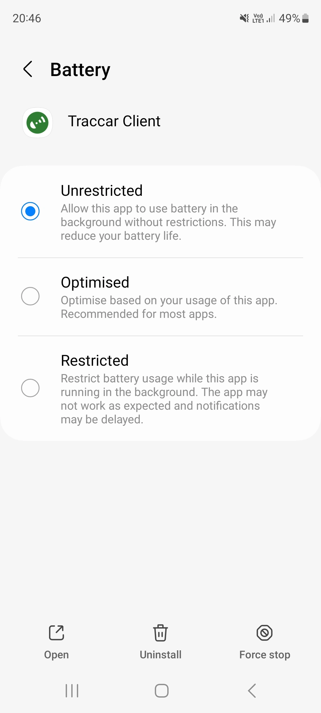 Samsung Android 13 example: Unrestricted battery usage. The example app is Traccar Client; choose KDE Connect instead.