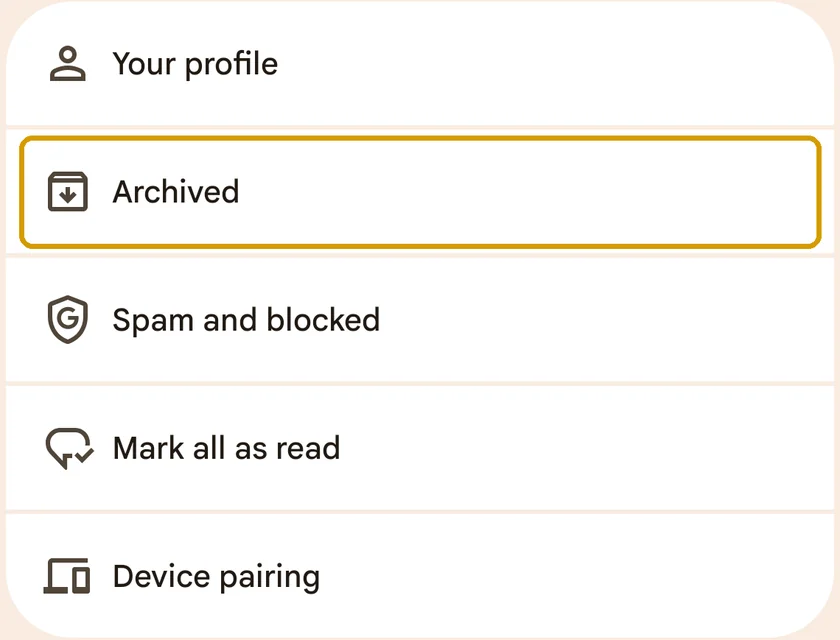 Google Messages profile menu with Archived highlighted