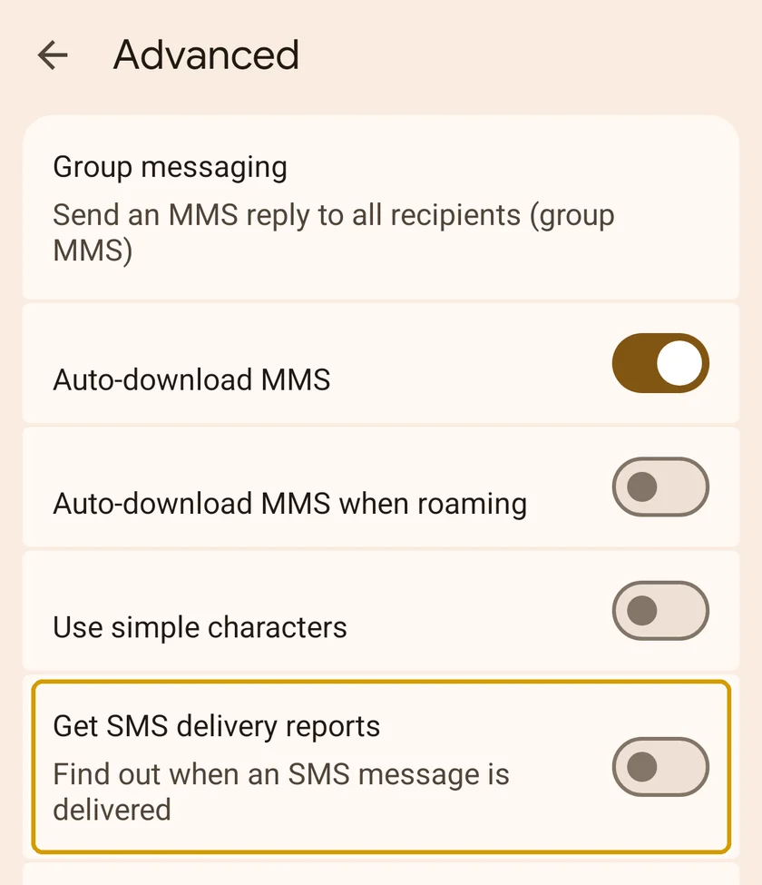 Google Messages Advanced settings with Get SMS delivery reports highlighted