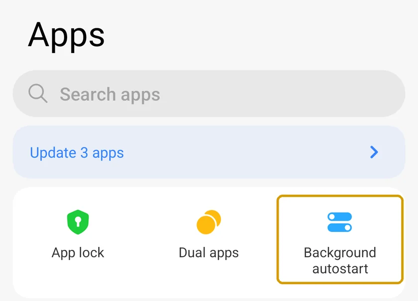 HyperOS 3 Settings, Apps page with the Background autostart shortcut highlighted