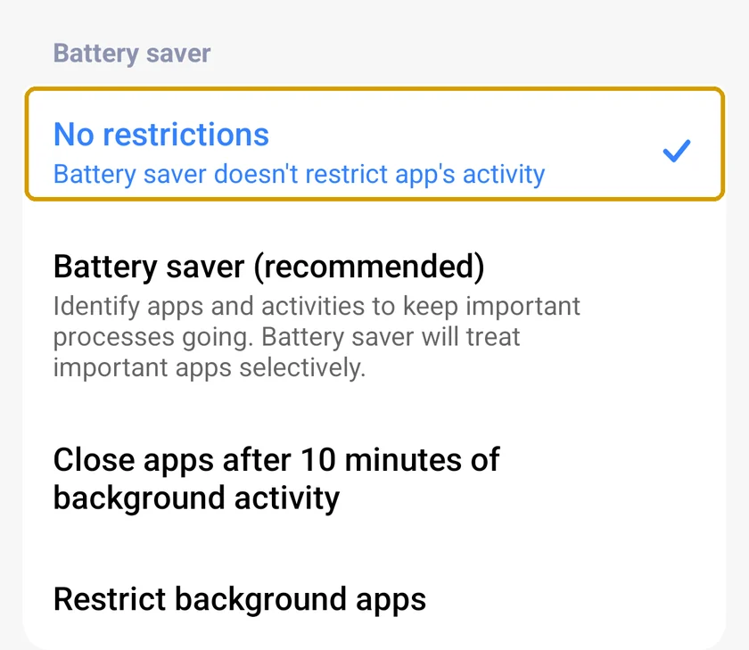 Xiaomi battery saver setting for KDE Connect with No restrictions selected