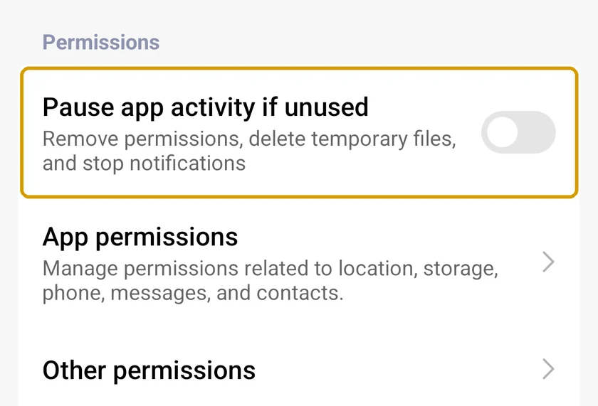 KDE Connect App info with Pause app activity if unused turned off