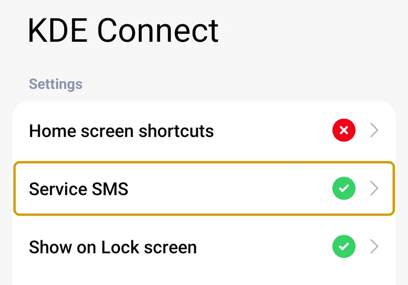 Xiaomi Other permissions for KDE Connect with Service SMS allowed