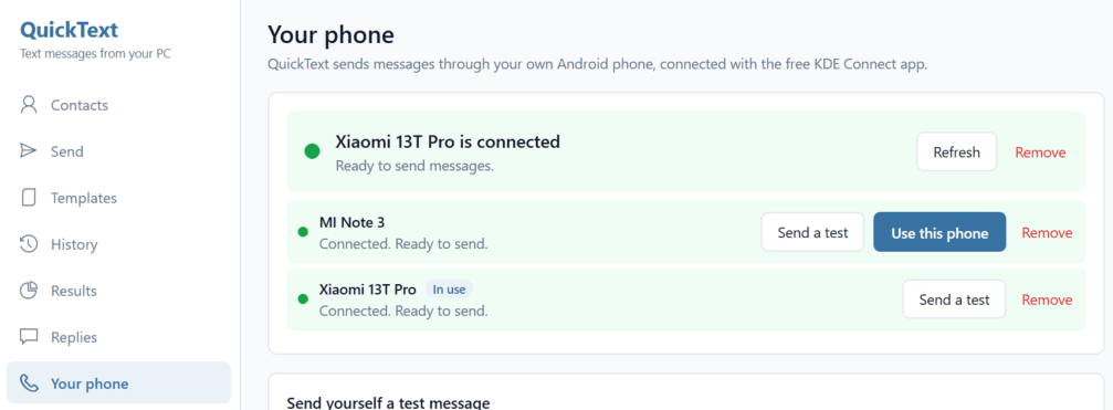 The Your phone page listing two paired phones, one marked In use and the other offering a Use this phone button