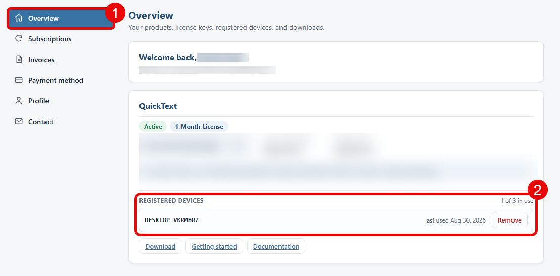 Registered devices on the account overview, with a Remove button per device