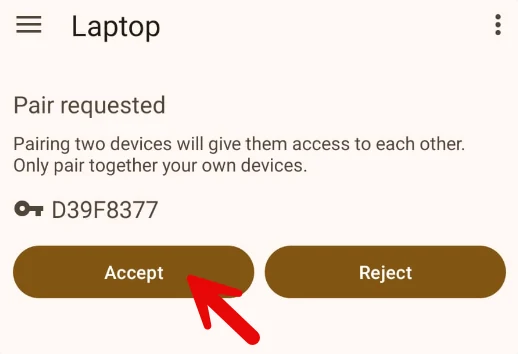Android KDE Connect pairing request, with an arrow pointing to Accept.