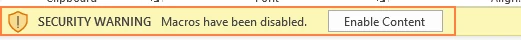 Excel’s yellow Security Warning bar, with Enable Content on the right.