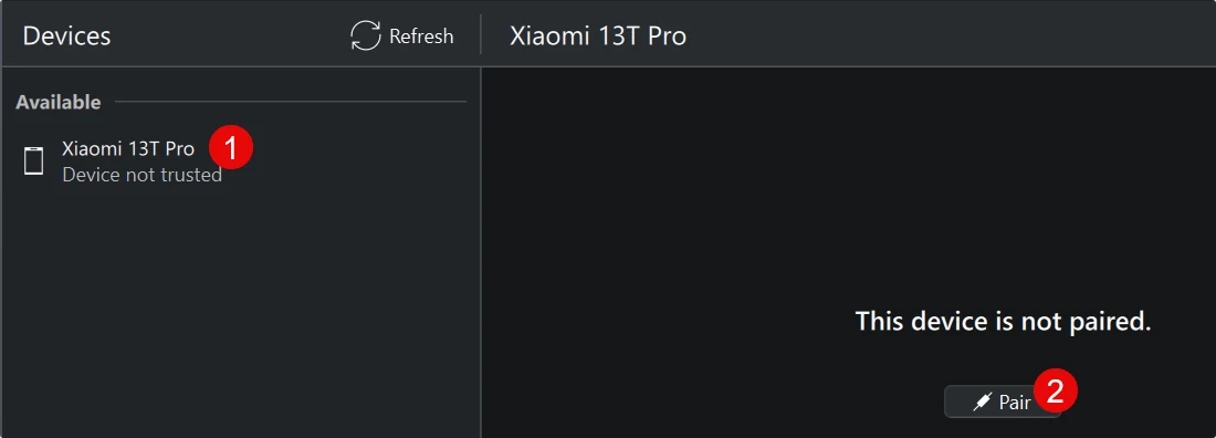 KDE Connect on Windows: select the available phone (1), then click Pair (2).
