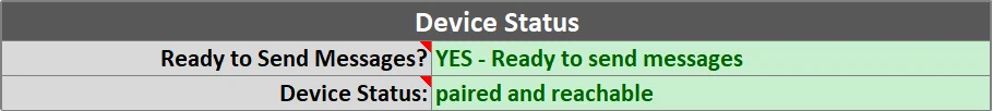 QuickText Excel Device Status: YES – Ready to send messages; paired and reachable.