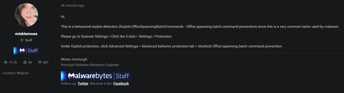 Malwarebytes forum post confirming the Office spawning setting as the fix