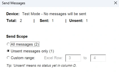 QuickText Send Scope options showing All Messages, Unsent Messages, and Custom Range